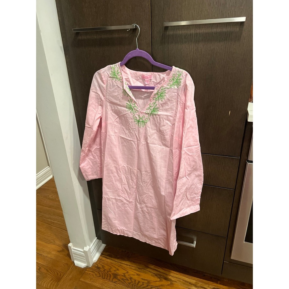 Lilly Pulitzer Elina cotton tunic cover-up in pink with green embroidery medium